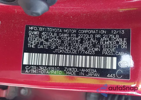 2014 Toyota Prius Two from USA, damaged, VIN JTDKN3DU2E1774423